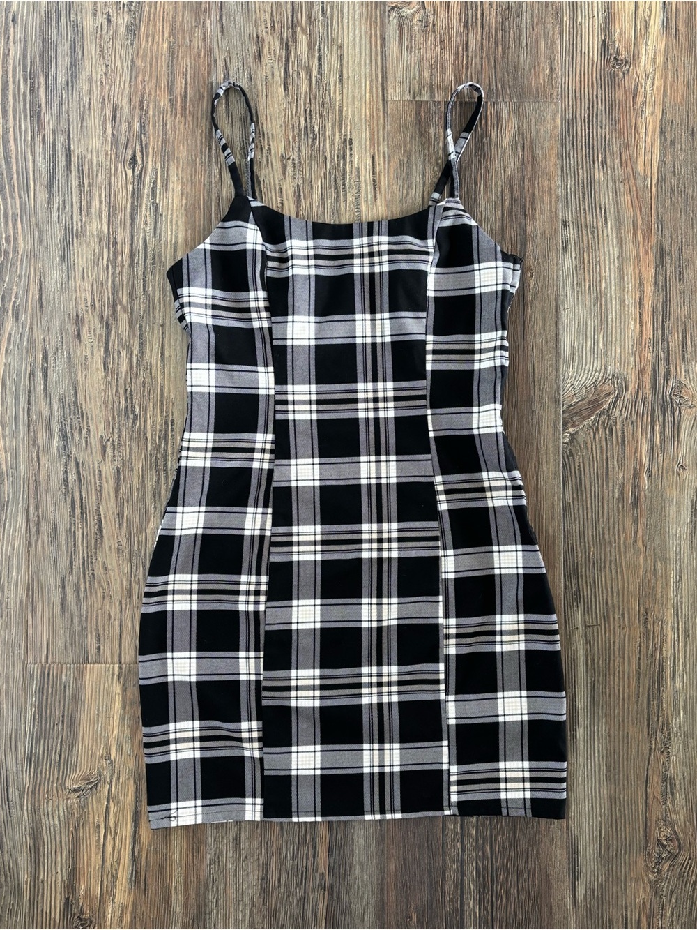 Divided H&M Bodycon Fitted Mini Dress Small Black White Tan Plaid Sleeveless